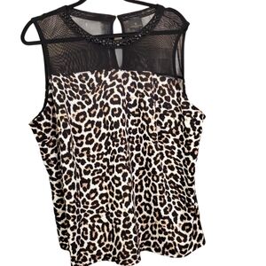 Worthington Leopard Print Top with Sheer Black Mesh Yoke & Jeweled Neck Line 2X
